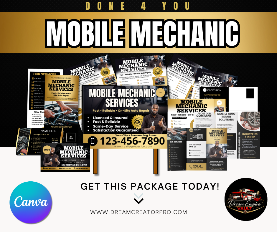 Mobile Mechanic Canva Template Bundle | Flyer Brochure Tear Off Flyer Business Card Rack Card Yard Sign Instagram Auto Repair Marketing Kit