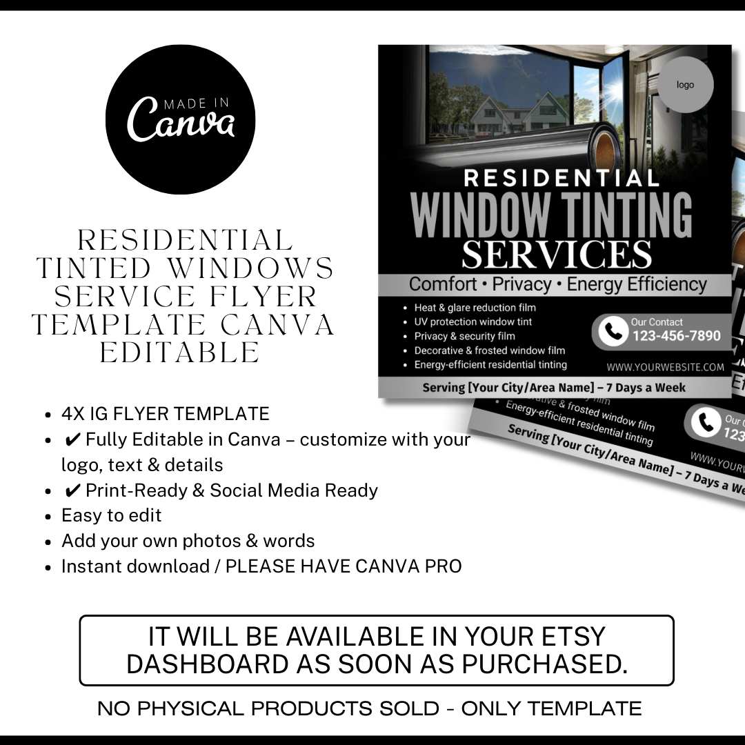 Residential Window Tinting Flyer Template | Home Window Tinting Marketing | Privacy & UV Protection Flyer | Editable Canva Tinting Flyer