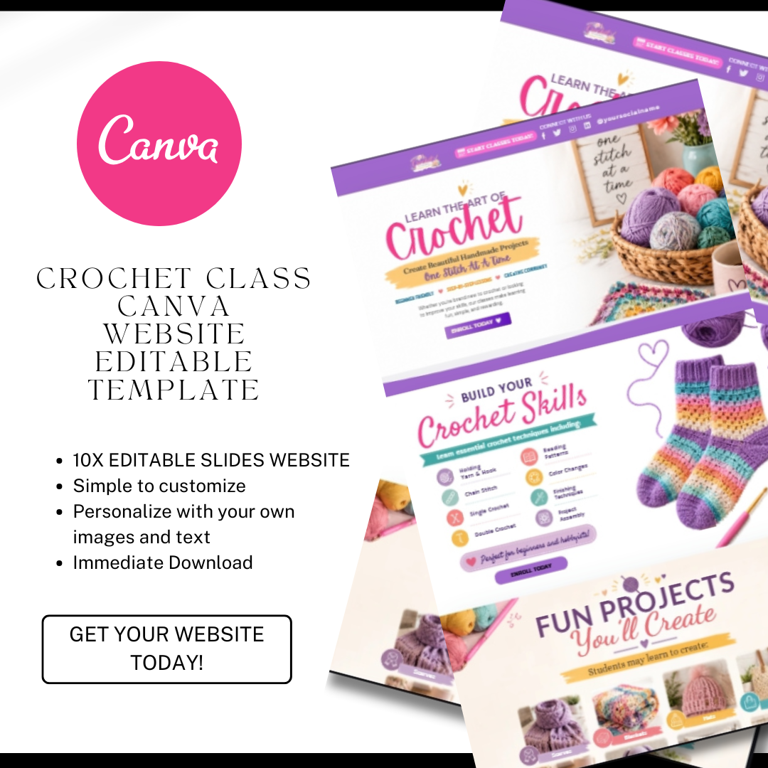 Crochet Class Website Template | Crochet Course Canva Website | Craft Business Website Design | Editable Canva Landing Page