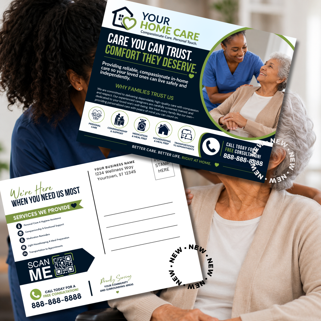 Home Care Marketing Bundle Canva Templates | Caregiver Flyer, Brochure, Yard Sign, Postcard, Business Card, Social Media Kit for Home Care Business
