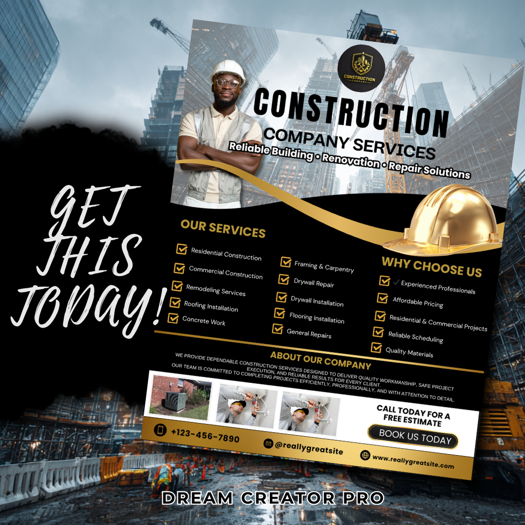 Construction Company Canva Template | Contractor Flyer Editable Marketing Template for Builders Remodelers Handyman Services