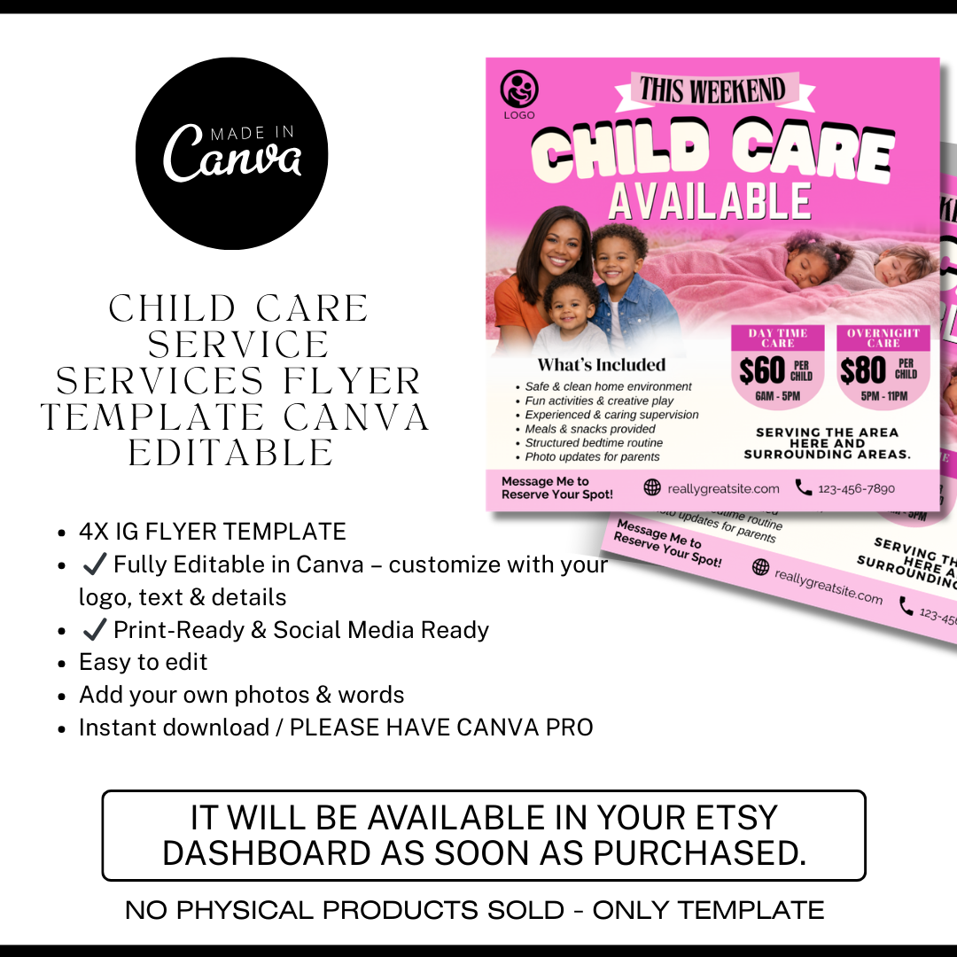 Child Care Flyer Template | Babysitting Flyer | Daycare Marketing | Overnight & Drop-In Care | Editable Canva Childcare Flyer
