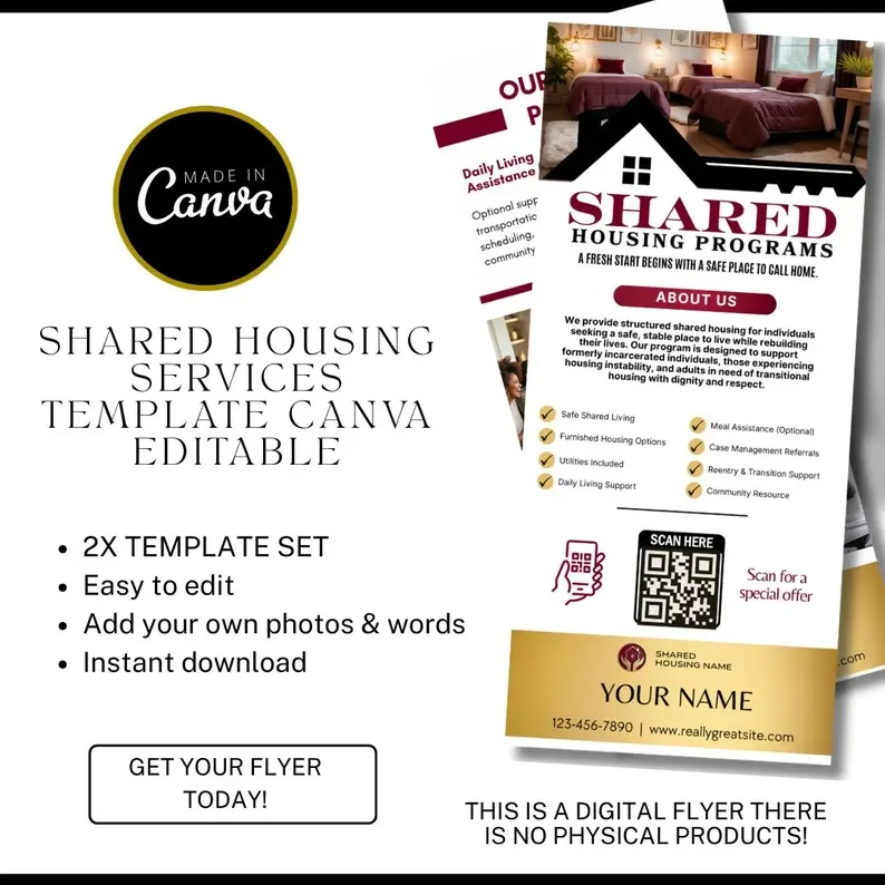 Shared Housing Rack Card Template | Independent Living & Reentry Housing Canva Marketing Card Design Dream Creator Pro