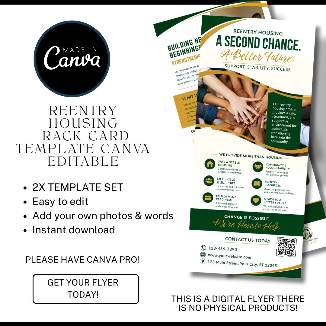 Reentry Housing Rack Card Canva Template | Transitional Housing Marketing | Half Page Flyer | Reentry Program Brochure | Editable Canva