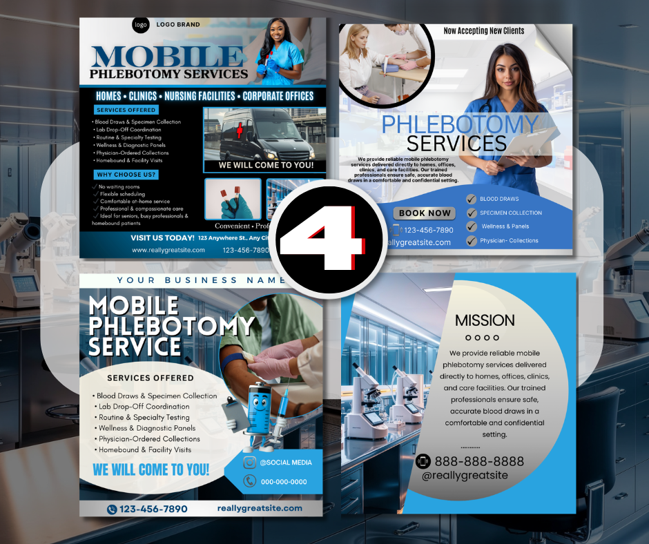 Phlebotomy Canva Flyer Bundle | Gold & Black Editable Templates for Blood Draw Services, Mobile Lab, Specimen Collection, Healthcare