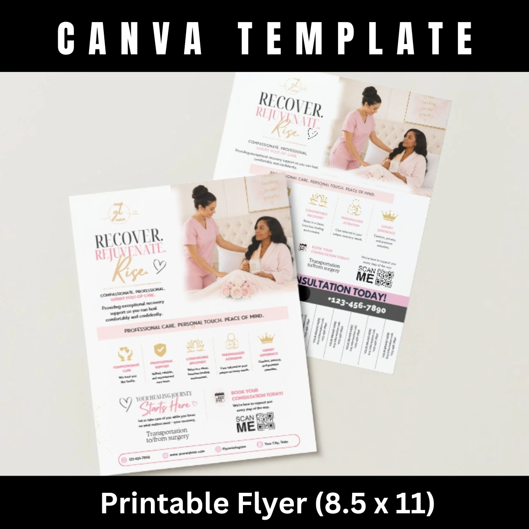 Post Op Care Canva Template Bundle | Luxury Recovery Business Branding Kit | Editable Website, Flyers, Brochure & Social Media Templates