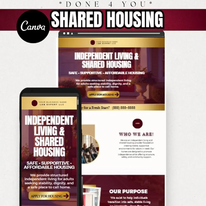 Independent Living Shared Housing Website Template | Editable Canva Site for Transitional Housing, Reentry & Support Services (Copy)
