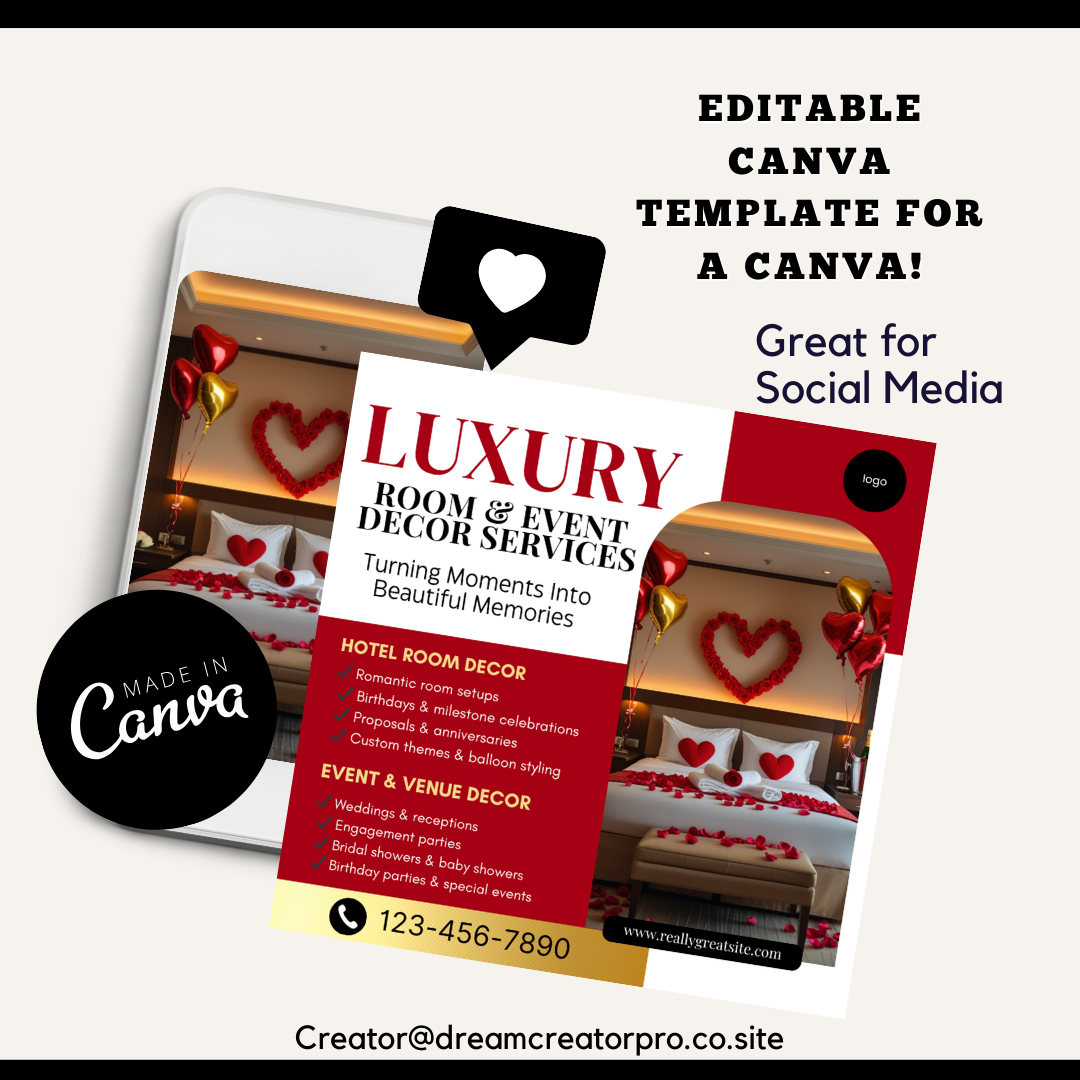 Hotel Room Event Decor flyer Template | Wedding, Proposal Party Decor Canva Design | Luxury Room Setup Marketing (Copy)
