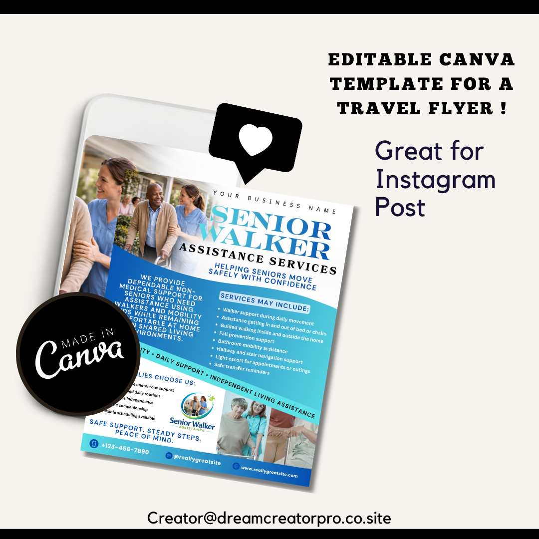 Senior Walker Assistance Flyer Template | Home Care Instagram Flyer | Senior Care Marketing Template | Editable Canva Flyer for Elderly Mobility Services