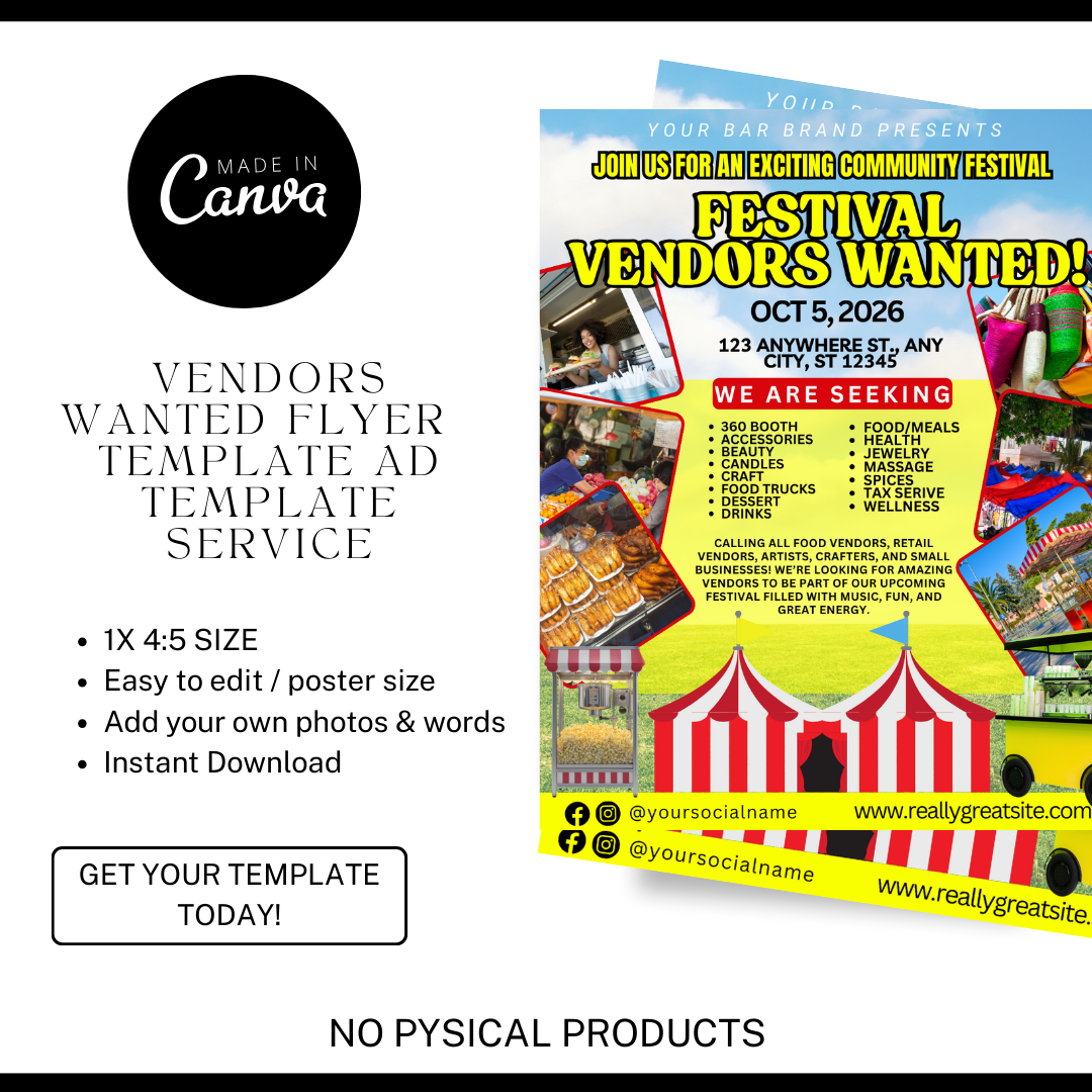 Festival Vendors Wanted Flyer Template | Vendor Call Event Flyer Canva Template for Food Trucks & Small Businesses