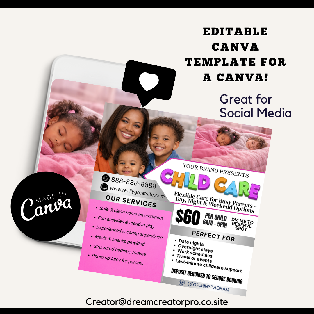 Child Care Flyer Template | Babysitting Flyer | Daycare Marketing | Overnight & Drop-In Care | Editable Canva Childcare Flyer