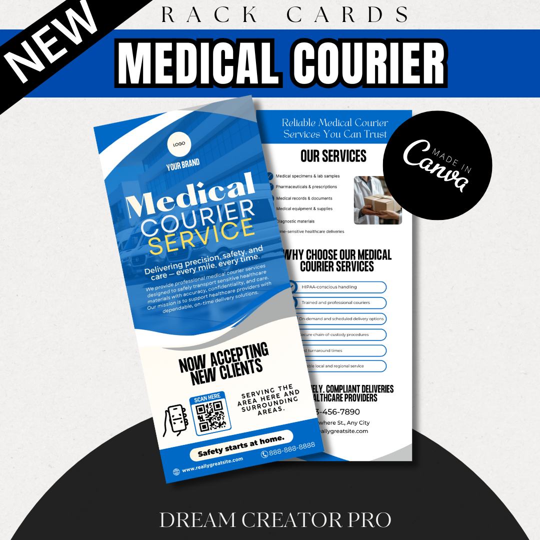 Medical Courier Services Rack Card Template | Healthcare Delivery Flyer | HIPAA Courier Marketing | Medical Transport Advertising | Canva Editable (Copy)