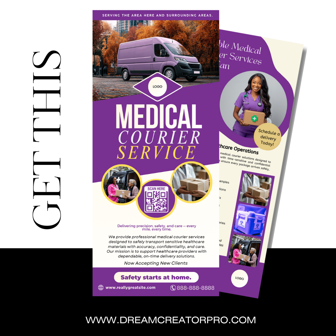 Medical Courier Services Rack Card Template | Healthcare Delivery Flyer | HIPAA Courier Marketing | Medical Transport Advertising | Canva Editable