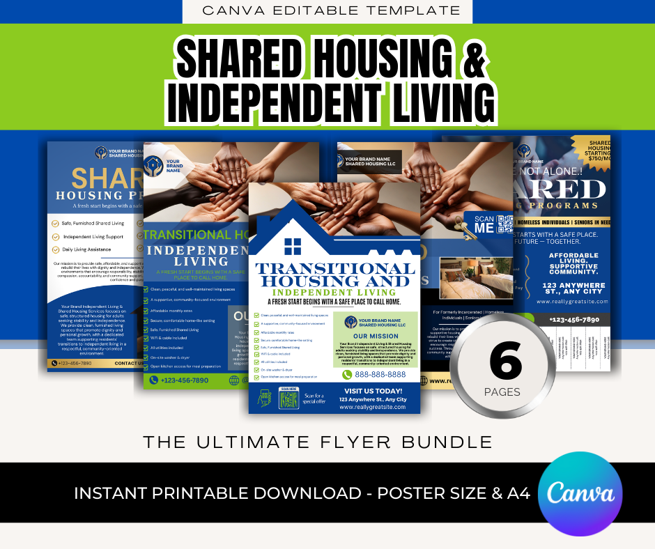 Shared Housing & Independent Living Printable Flyer Bundle | Transitional Housing Canva Templates | Reentry, Seniors & Supportive Living