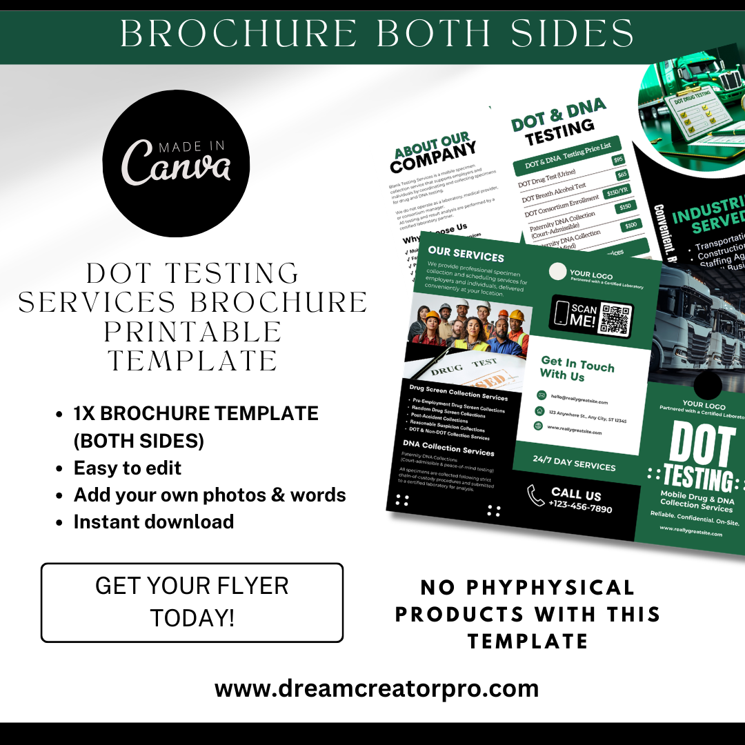 DOT Drug Testing Brochure Template | Mobile Drug & Alcohol Collection Services | Non-DOT Testing Flyer | Canva Editable Business Brochure (Copy)