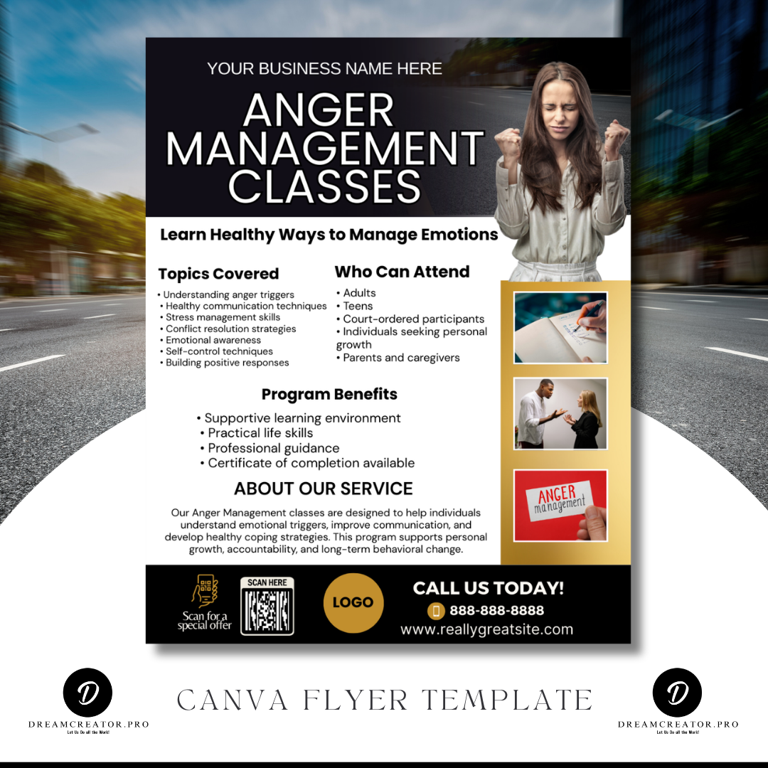 Anger Management Class Flyer | Court Approved Anger Management Program | Editable Canva Template | Counseling & Life Skills Flyer