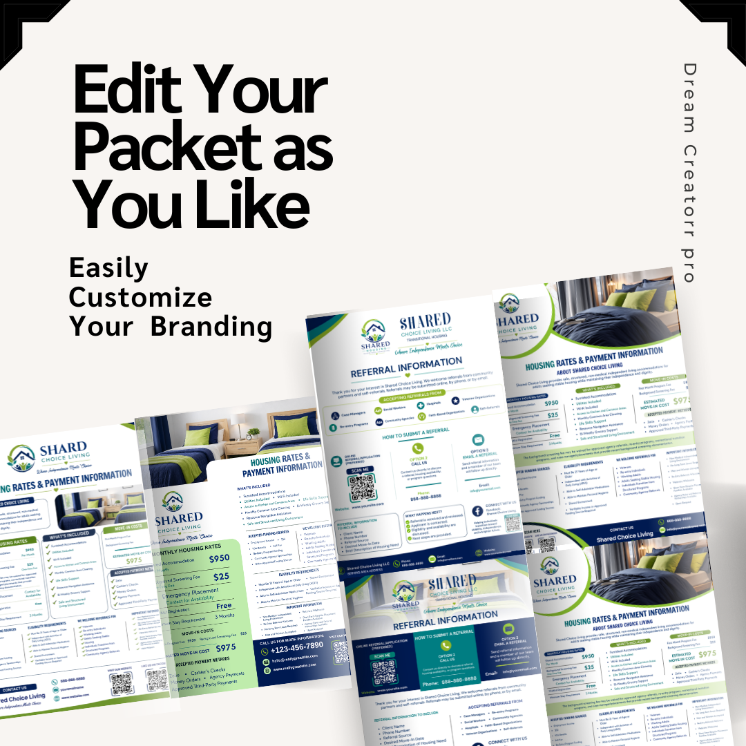 Shared Housing Marketing Bundle Canva Templates | Referral Sheet, Pricing Guide & Rack Card | Transitional Housing | ILF Marketing Kit