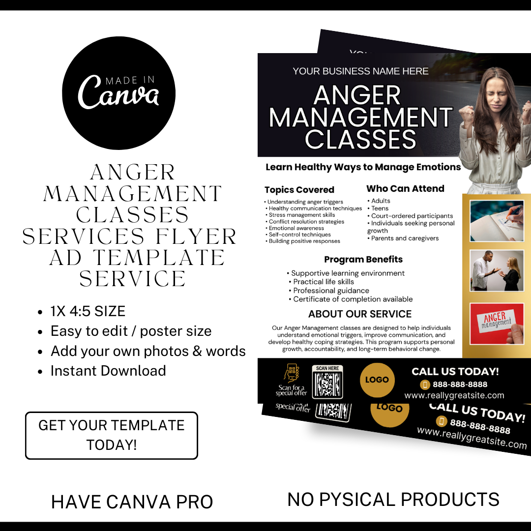 Anger Management Class Flyer | Court Approved Anger Management Program | Editable Canva Template | Counseling & Life Skills Flyer