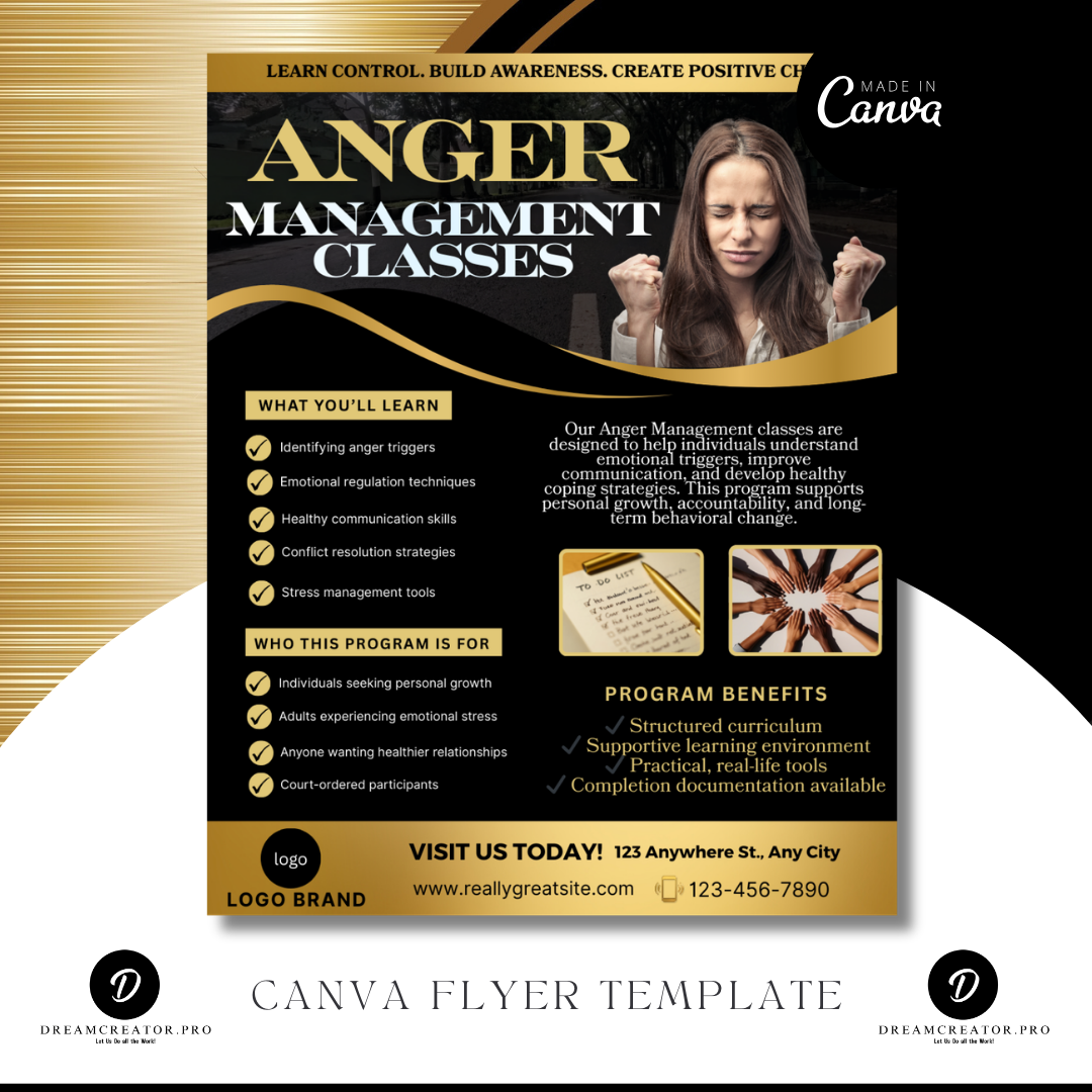 Anger Management Class Flyer | Court Approved Anger Management Program | Editable Canva Template | Counseling & Life Skills Flyer (Copy)