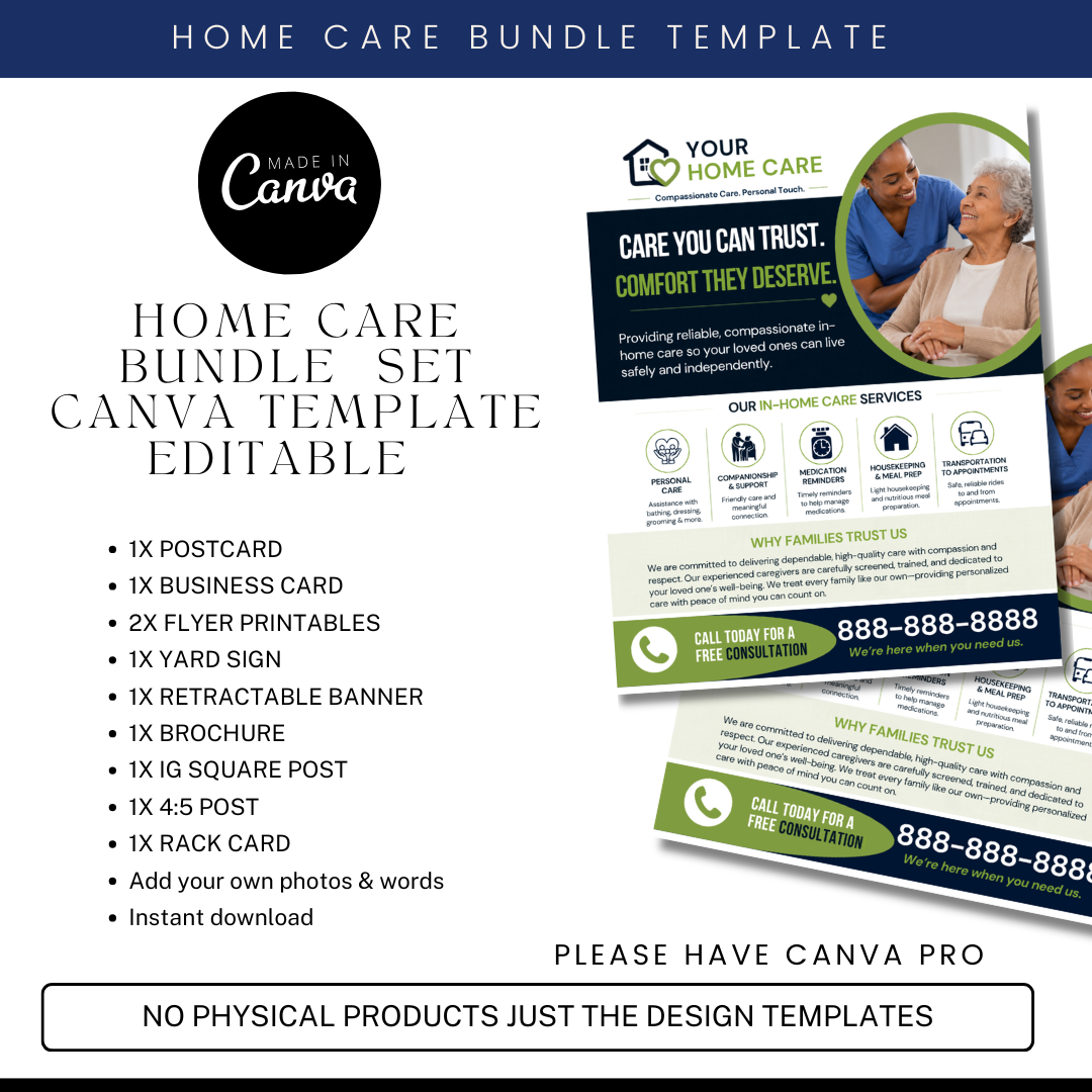 Home Care Marketing Bundle Canva Templates | Caregiver Flyer, Brochure, Yard Sign, Postcard, Business Card, Social Media Kit for Home Care Business