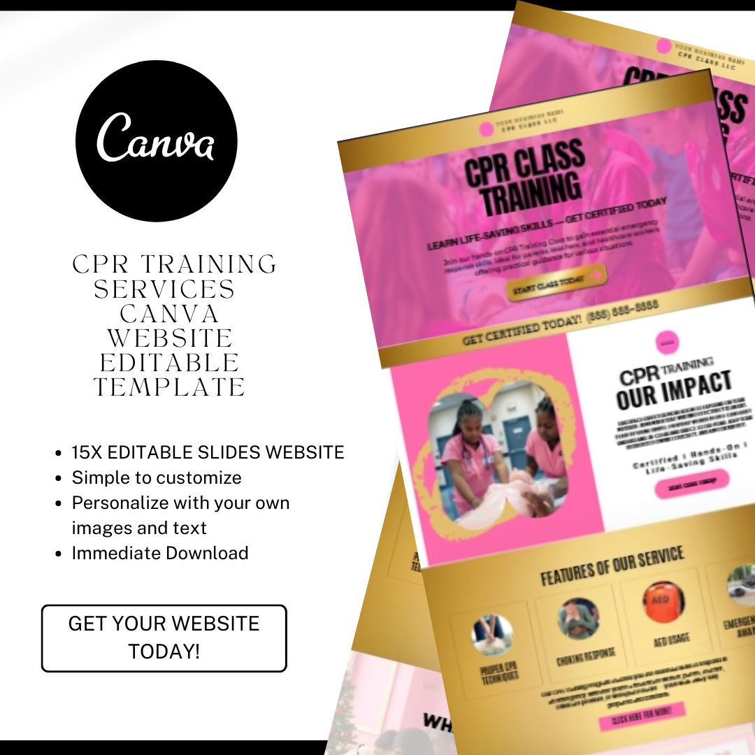 CPR Training Website Canva Template | CPR Class Website Design | First Aid & BLS Training Website | Editable Canva Website Template
