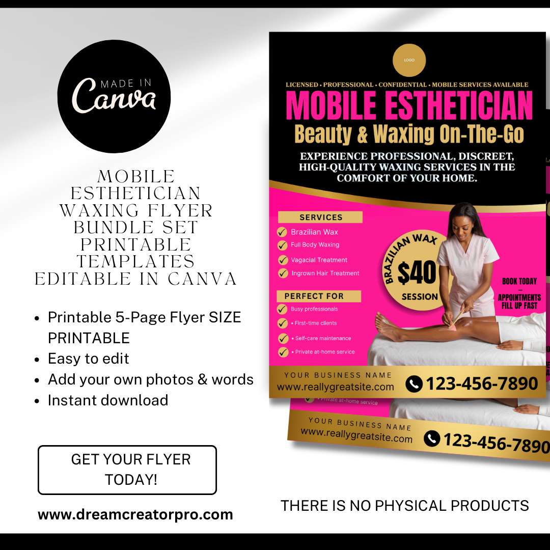 Mobile Esthetician Waxing Flyer Printable | Beauty & Waxing On-The-Go | Brazilian Wax Flyer | Editable Canva Beauty Marketing