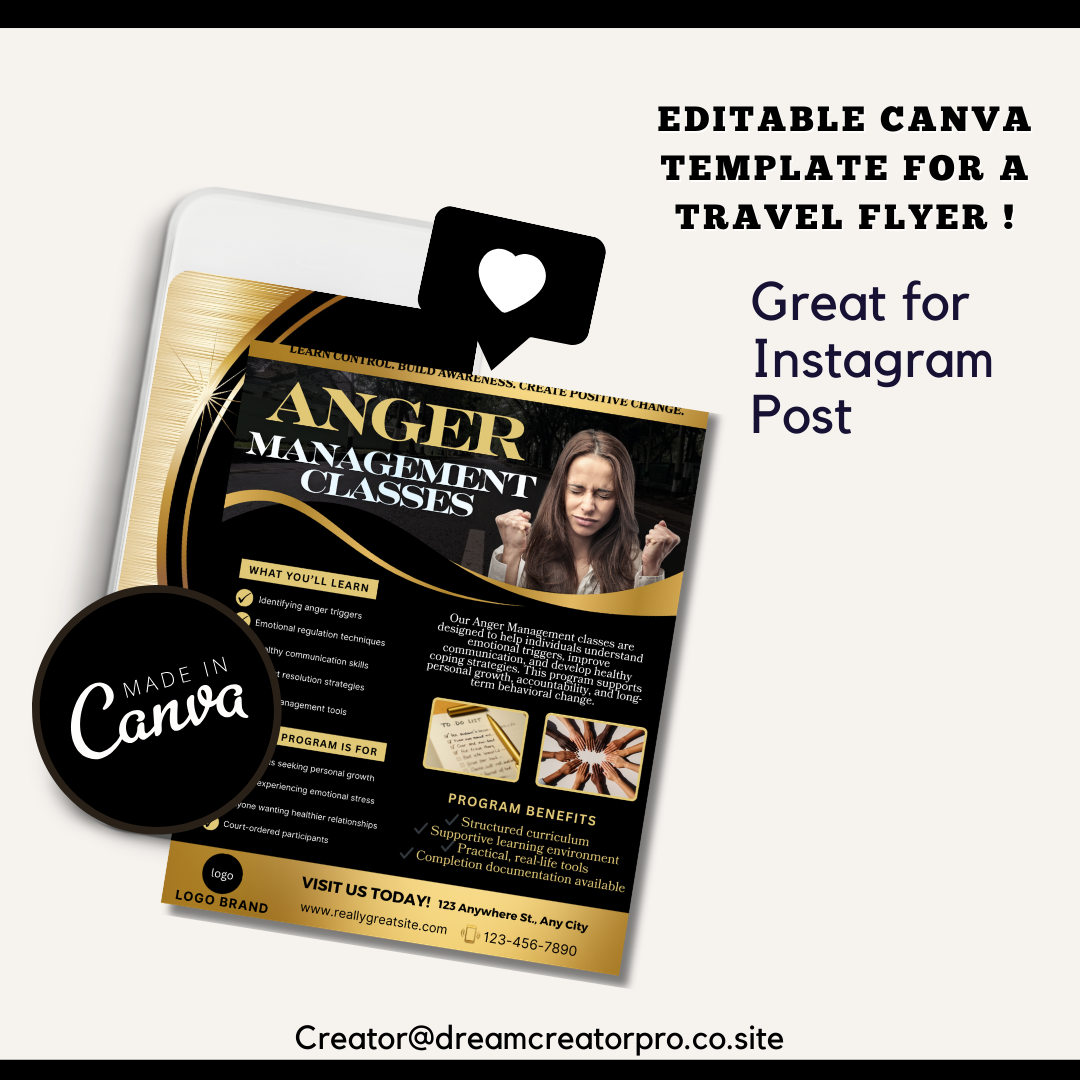 Anger Management Class Flyer | Court Approved Anger Management Program | Editable Canva Template | Counseling & Life Skills Flyer (Copy)