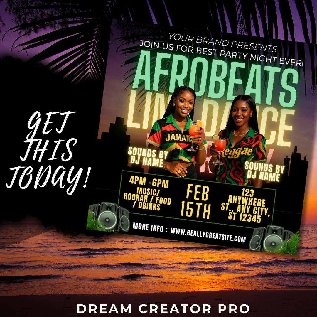 Reggae Club Night Flyer Template for Canva | IG Post | Editable Caribbean Party Flyer | Dancehall, Afrobeat, Island Vibes Event Promo