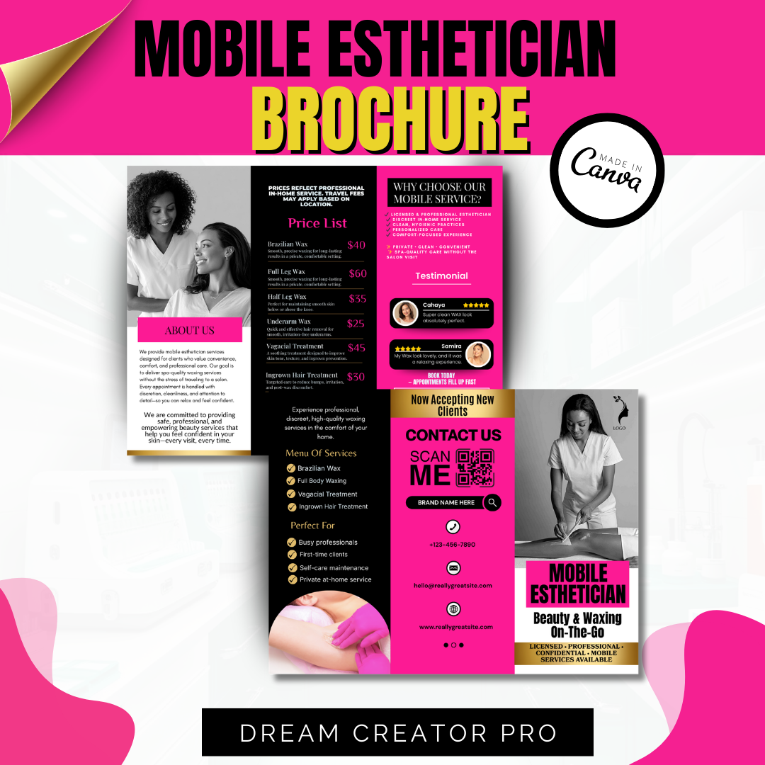 Mobile Esthetician Brochure Printable | Waxing On-The-Go Marketing | Beauty Business Brochure | Brazilian Wax Promo | Canva Template