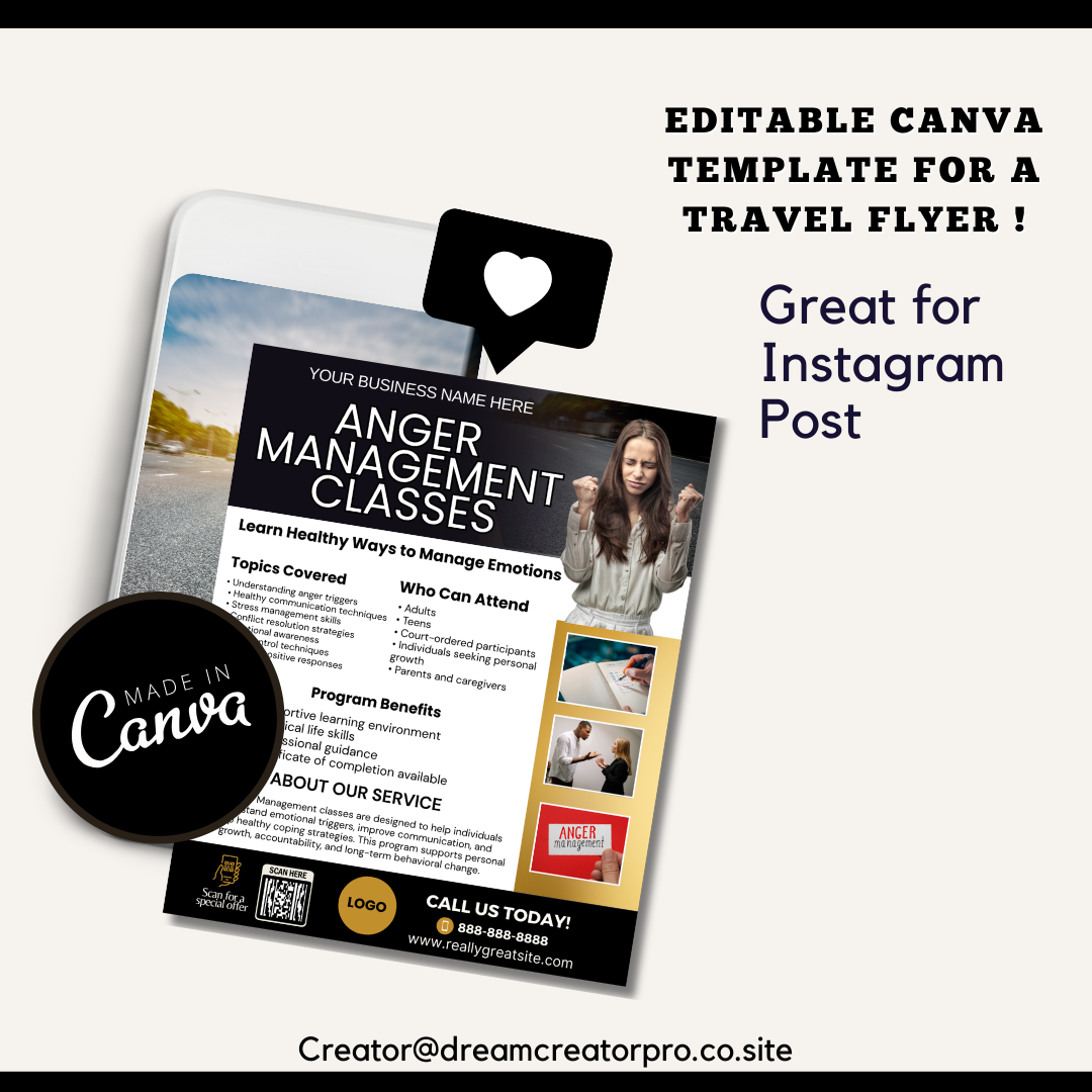 Anger Management Class Flyer | Court Approved Anger Management Program | Editable Canva Template | Counseling & Life Skills Flyer