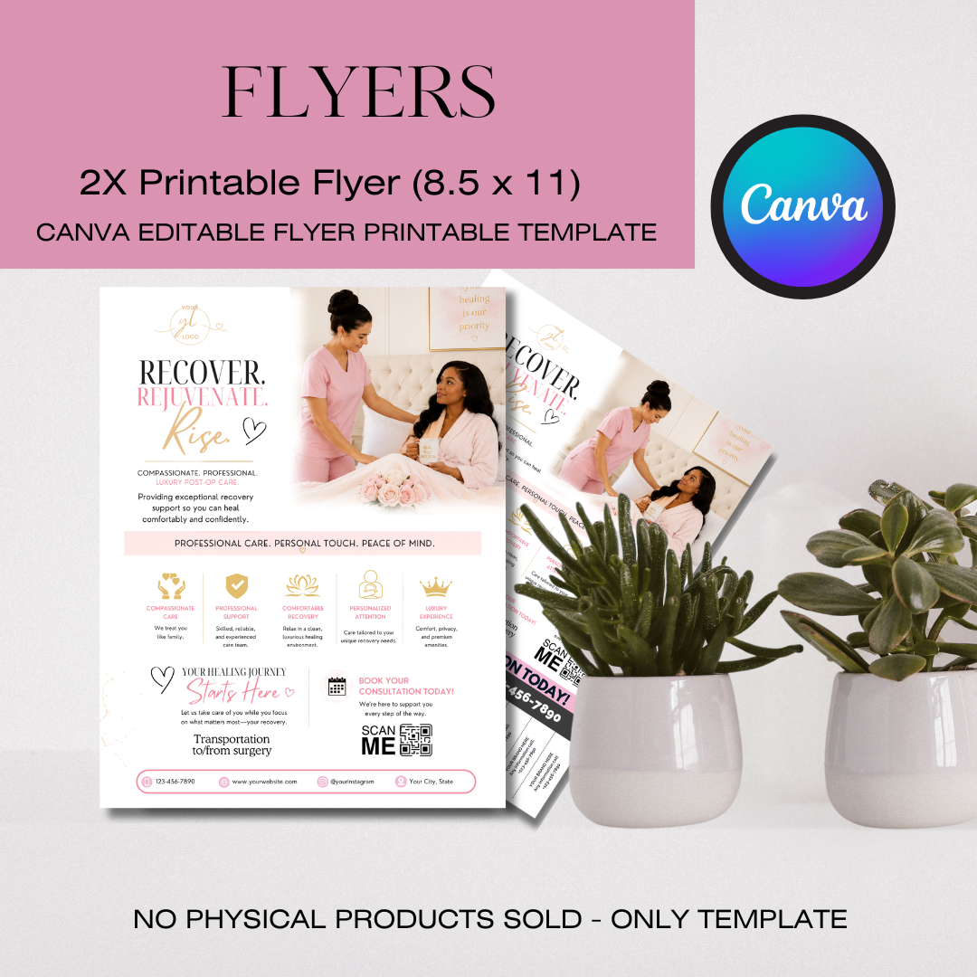 Post Op Care Canva Template Bundle | Luxury Recovery Business Branding Kit | Editable Website, Flyers, Brochure & Social Media Templates