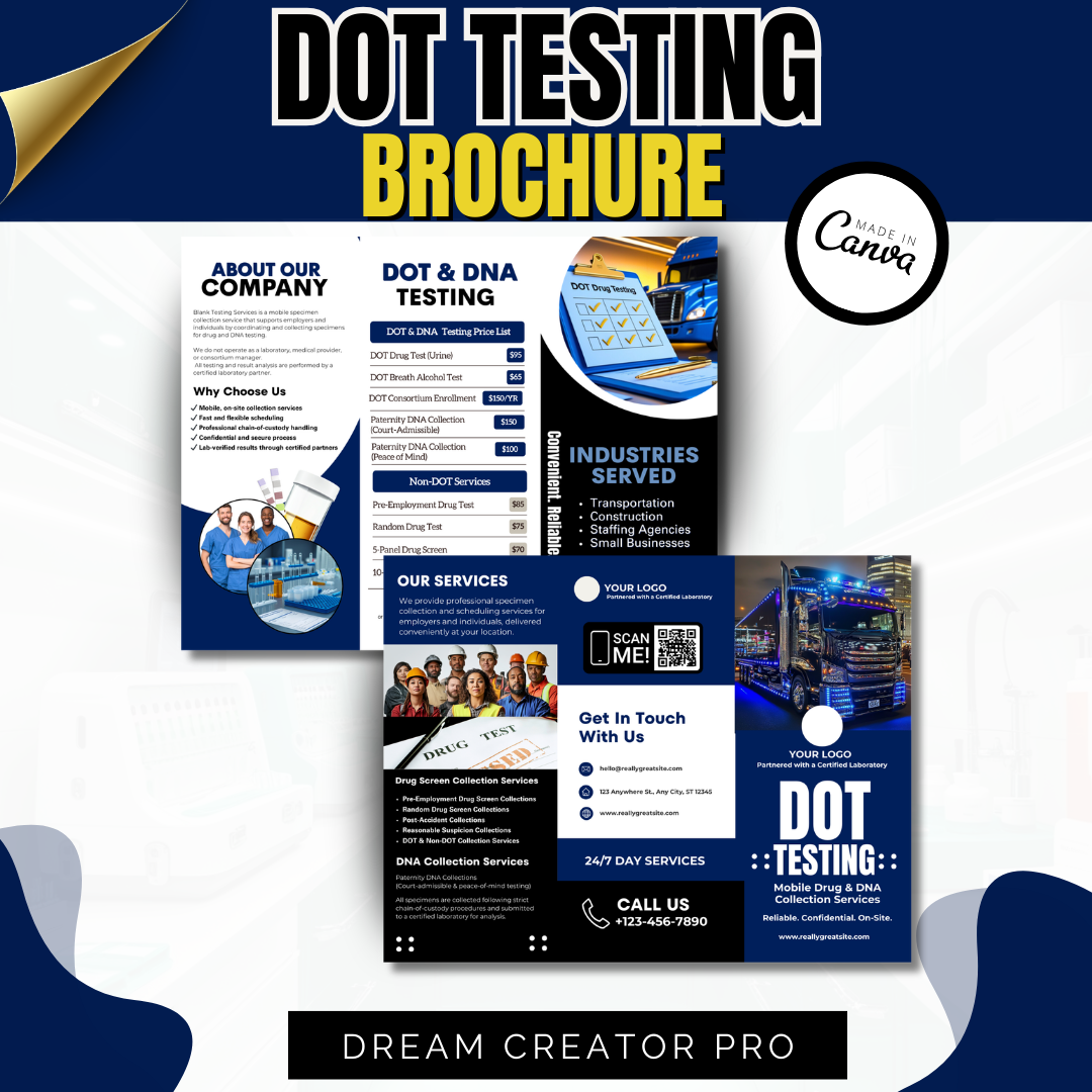 DOT Drug Testing Brochure Template | Mobile Drug & Alcohol Collection Services | Non-DOT Testing Flyer | Canva Editable Business Brochure