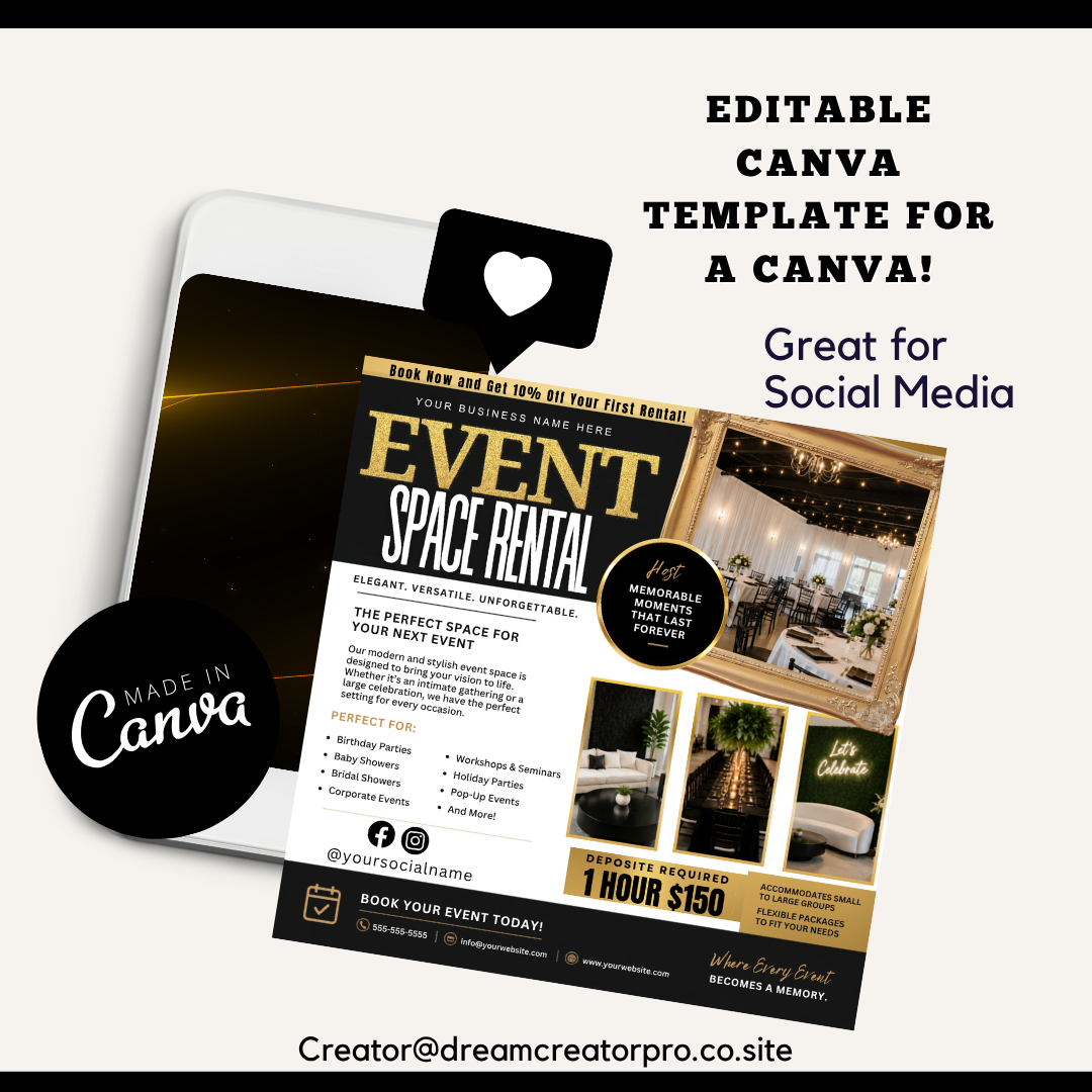 Event Venue Rental Flyer / Event Space Rentals Flyer Template / Event Hosting / Digital Flyer / Canva ig / Space Booking / Meeting Space