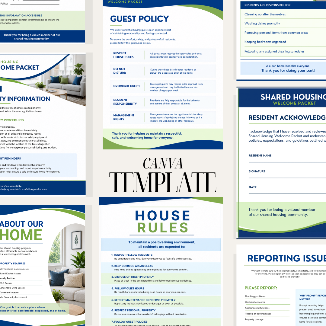 Shared Housing Welcome Packet Template Canva | Resident Handbook | Transitional Housing Forms | Group Home Welcome Guide | Housing Program (Copy)