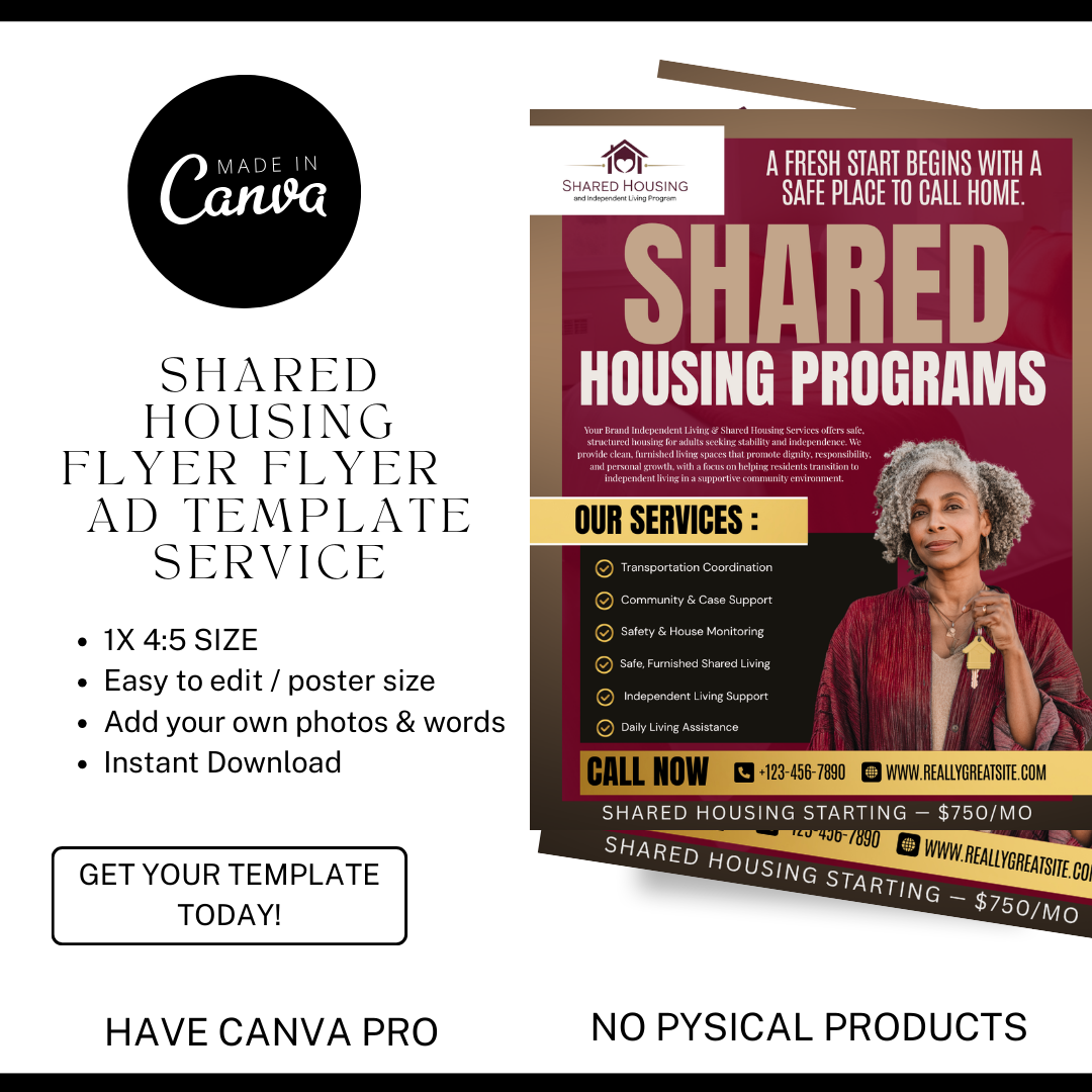 Shared Housing Flyer Template | Affordable Living Canva Flyer | Transitional Housing Room Rental Ad | Editable Design (Copy)