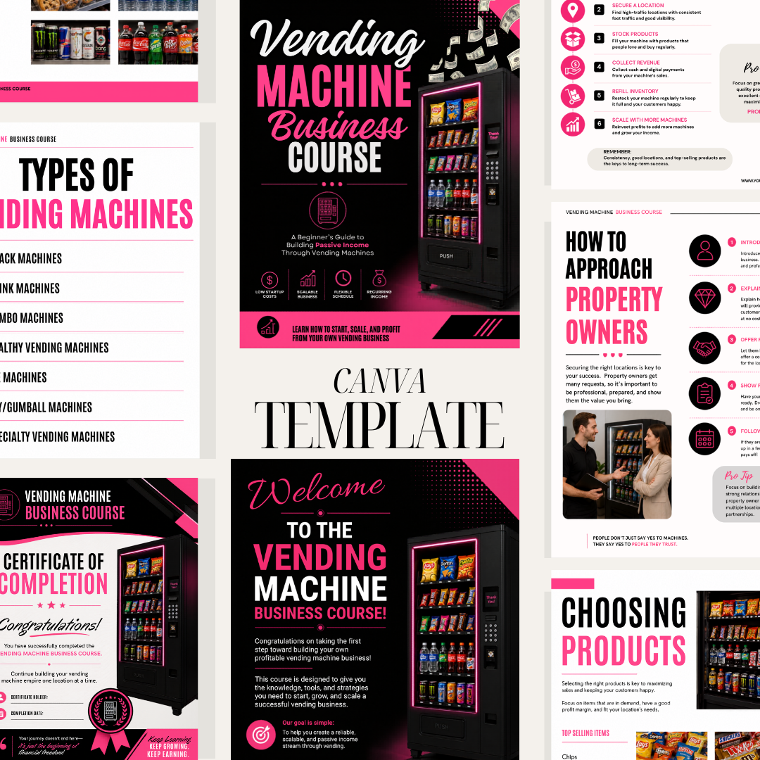 ETSY TITLE  Vending Machine Business Course Canva Template | Editable eBook Workbook | Passive Income Guide | Digital Training Course | Business Startup Template
