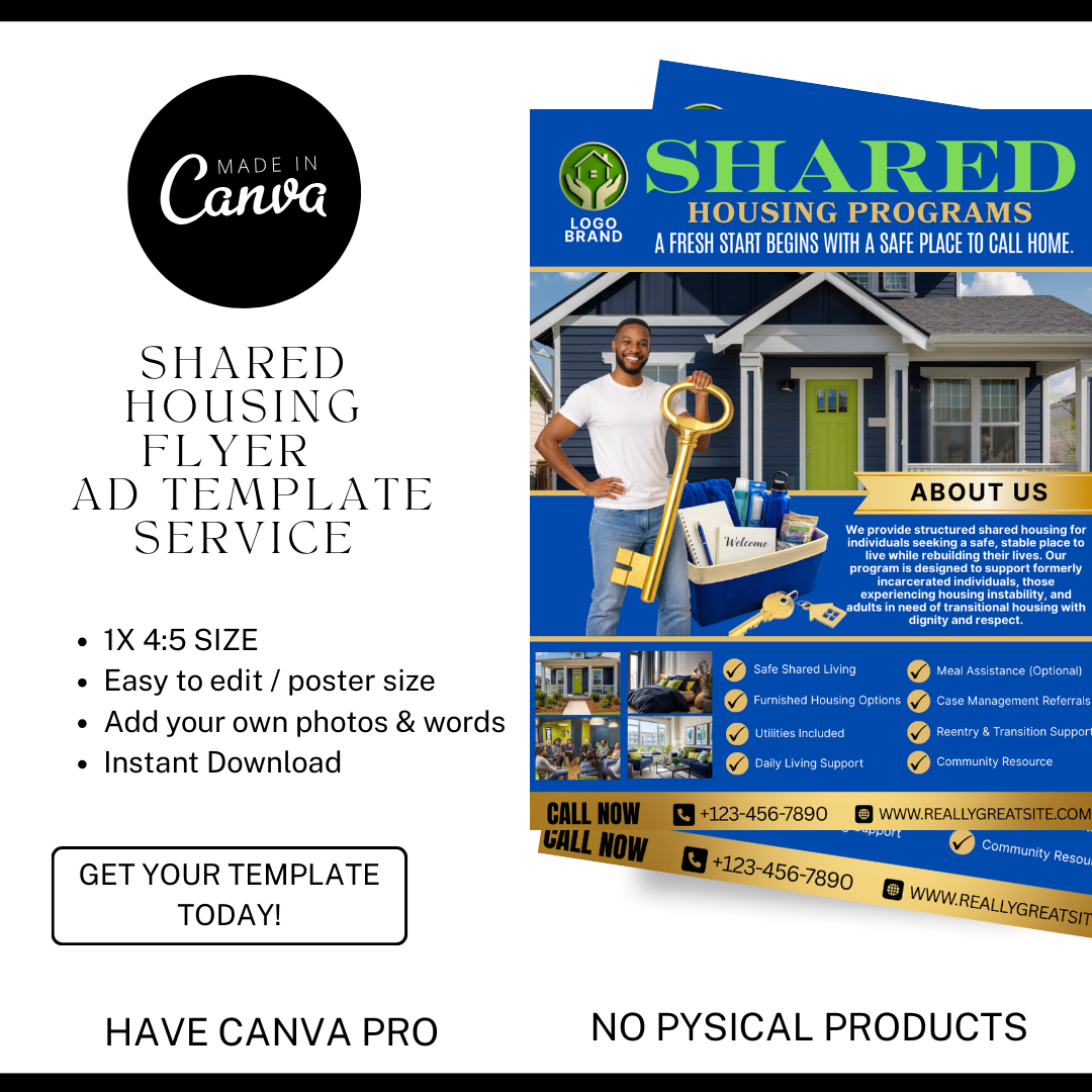 Shared Housing Flyer Template | Affordable Living Canva Flyer | Transitional Housing Room Rental Ad | Editable Design