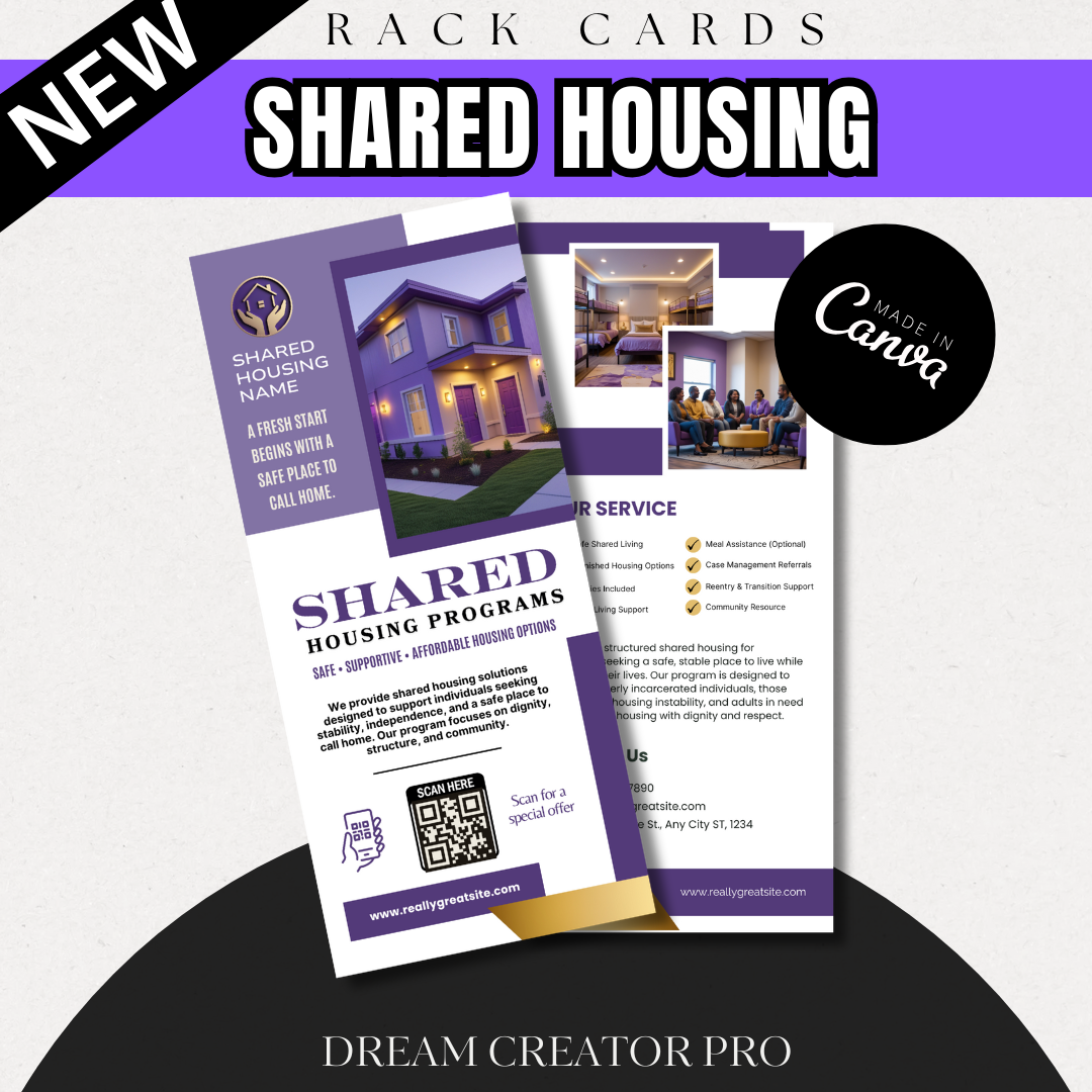 Shared Housing Rack Card Template | Independent Living & Reentry Housing Canva Marketing Card Design