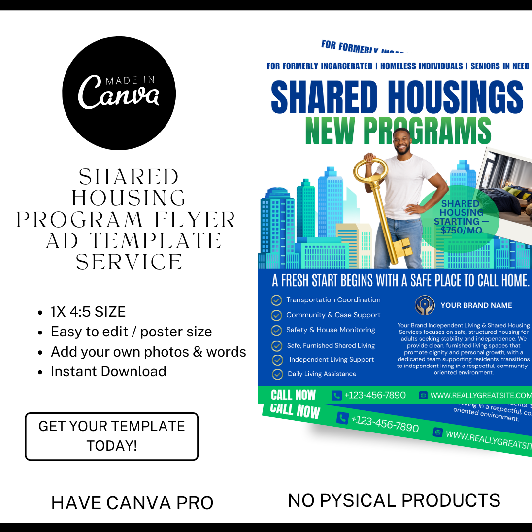 Shared Housing Flyer Template | Affordable Living Canva Flyer | Transitional Housing Room Rental Ad | Editable Design (Copy) (Copy)