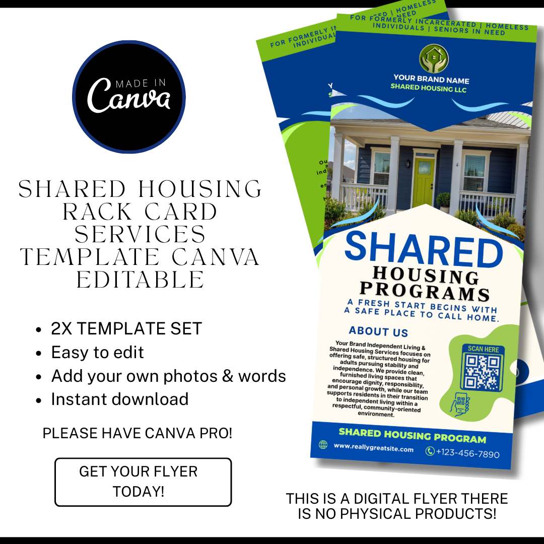 Shared Housing Rack Card Template | Independent Living & Reentry Housing Canva Marketing Card Design