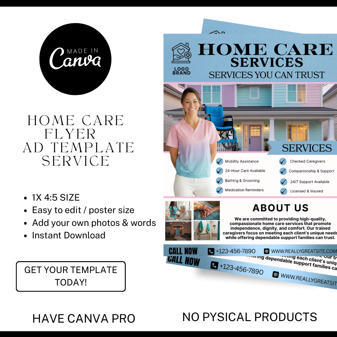 Home Care Service Flyer / DIY Home Care Service Flyer/ Canva Template 2026 / Medical Template / Medical flyer / Medical flyer Template / CNA