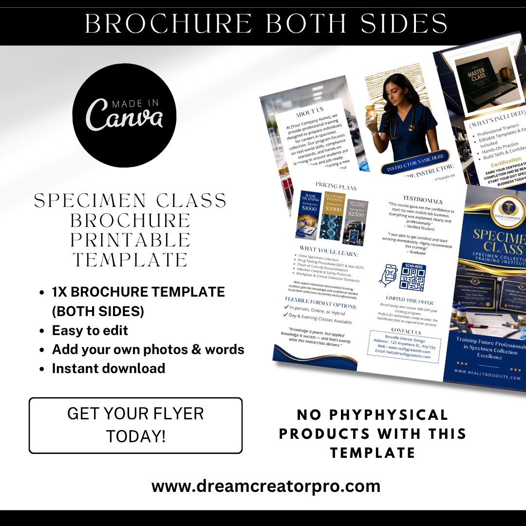Specimen Collection Course Brochure Template | Drug Testing Training Flyer | Mobile Lab Certification Canva Template
