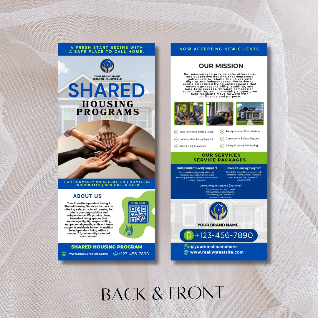 Shared Housing Rack Card Template | Independent Living & Reentry Housing Canva Marketing Card Design (Copy) (Copy)