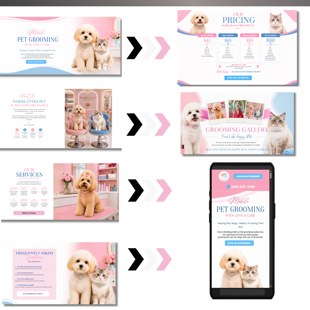 Mobile Pet Grooming Canva Website Template | Editable Dog & Cat Grooming Website