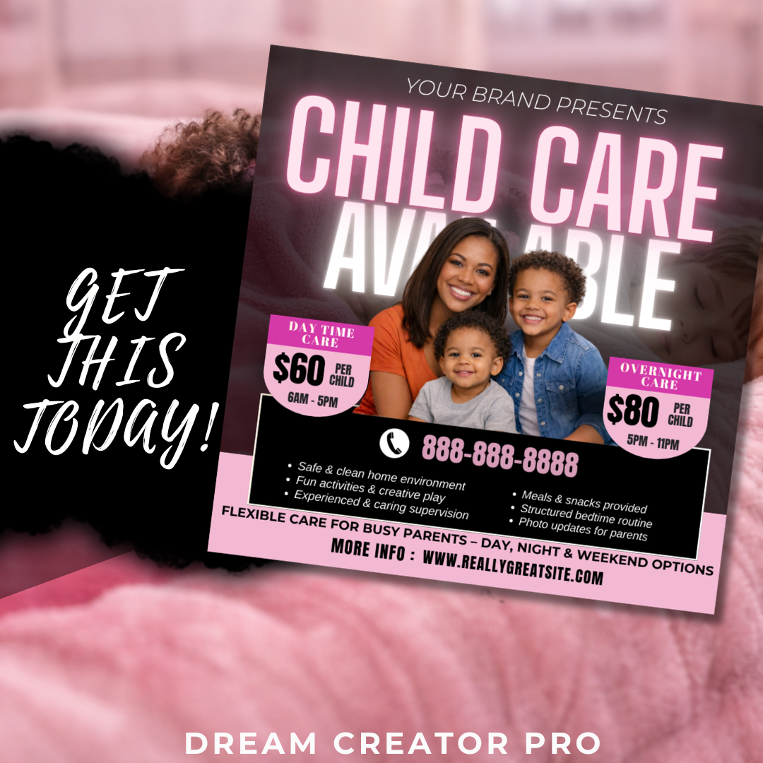 Child Care Flyer Template | Babysitting Flyer | Daycare Marketing | Overnight & Drop-In Care | Editable Canva Childcare Flyer