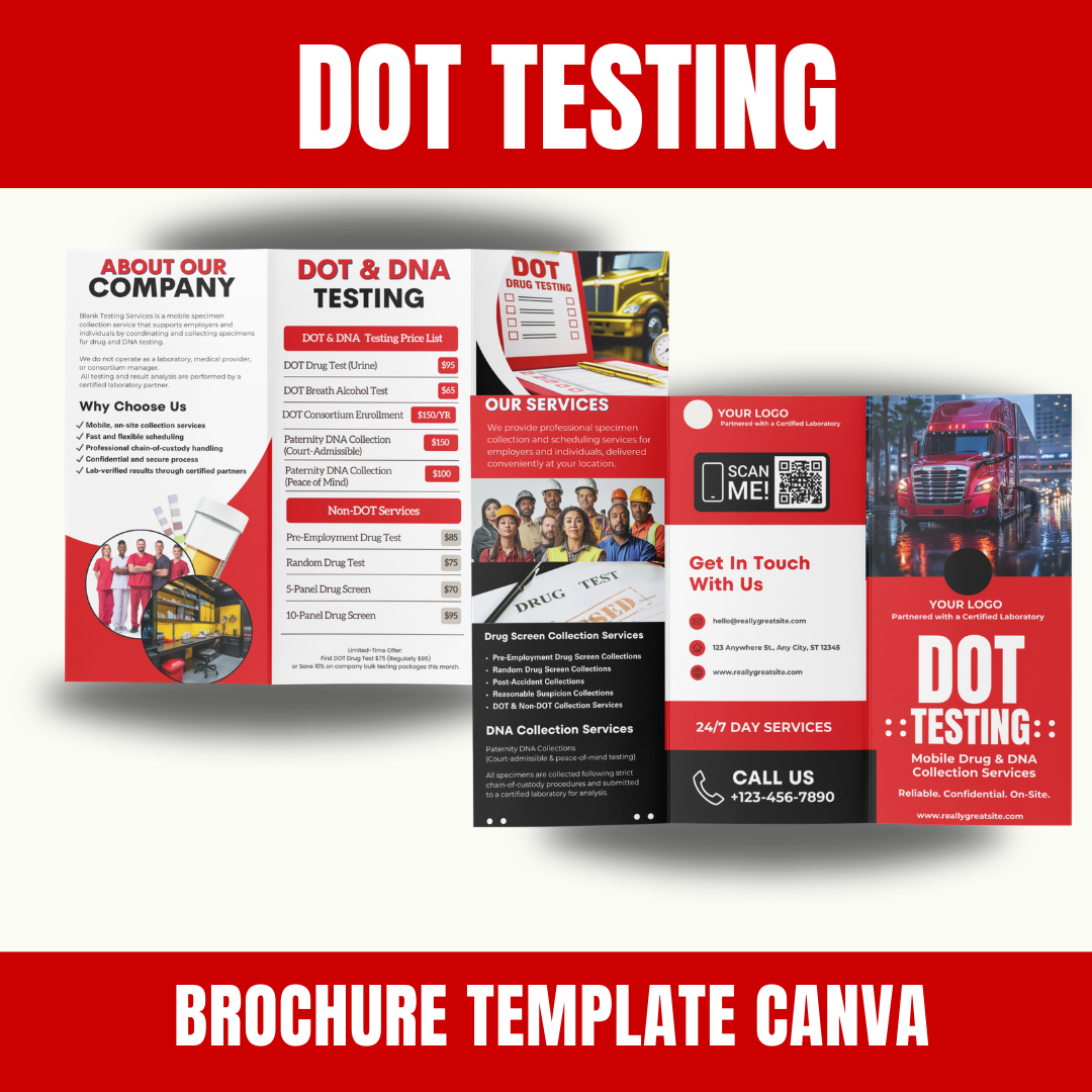 DOT Drug Testing Brochure Template | Mobile Drug & Alcohol Collection Services | Non-DOT Testing Flyer | Canva Editable Business Brochure