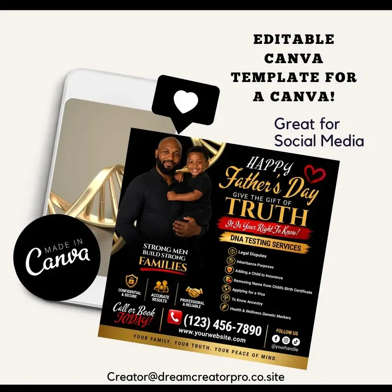 Father’s Day DNA Testing Flyer Template | Editable Canva DNA Services Flyer | Paternity Test Marketing Flyer | DNA Testing Social Media Post (Copy)