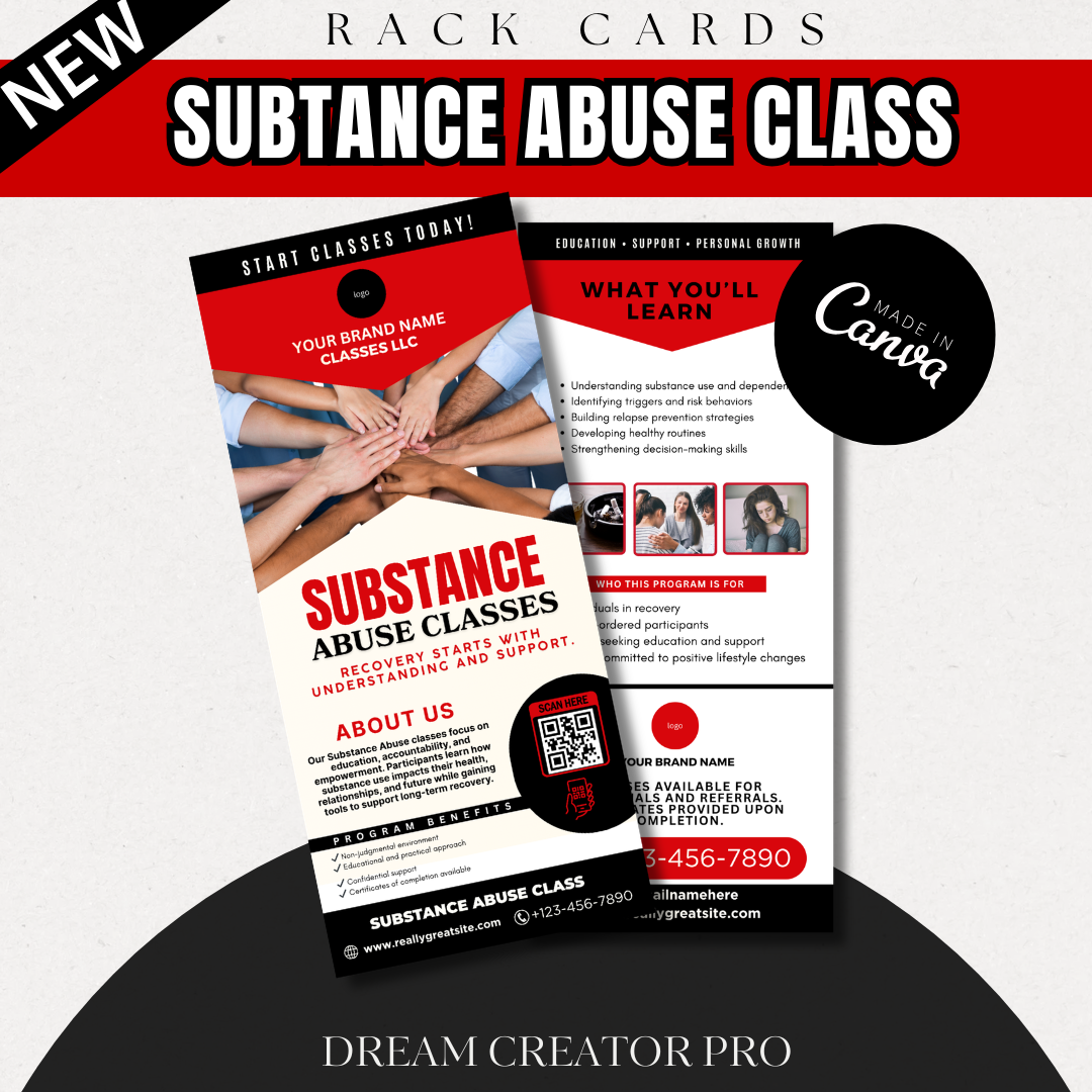 Substance Abuse Class Rack Card Template | Recovery Education Program | Court Approved Style | Canva | Substance Abuse Awareness Class
