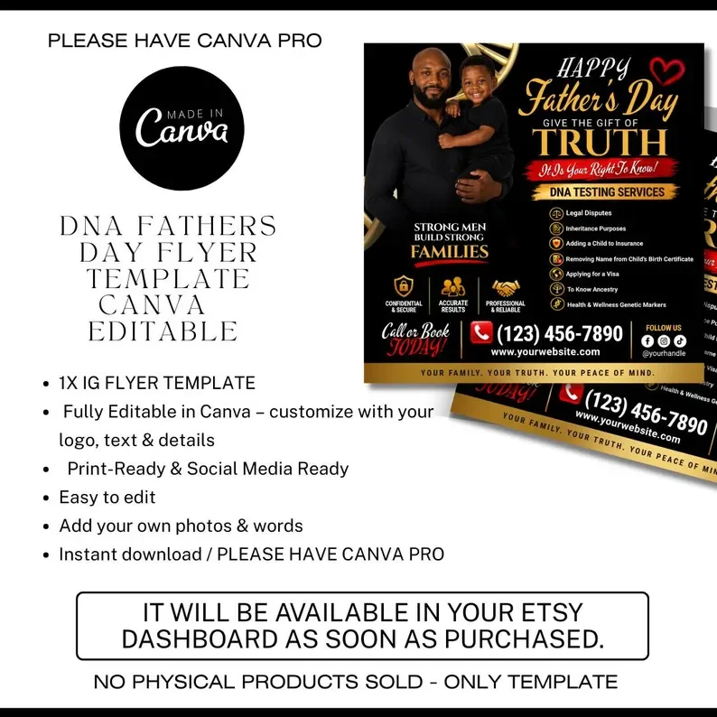Father’s Day DNA Testing Flyer Template | Editable Canva DNA Services Flyer | Paternity Test Marketing Flyer | DNA Testing Social Media Post (Copy)