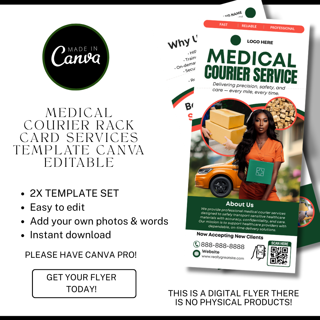 Medical Courier Services Rack Card Template | Healthcare Delivery Flyer | HIPAA Courier Marketing | Medical Transport Advertising | Canva Editable